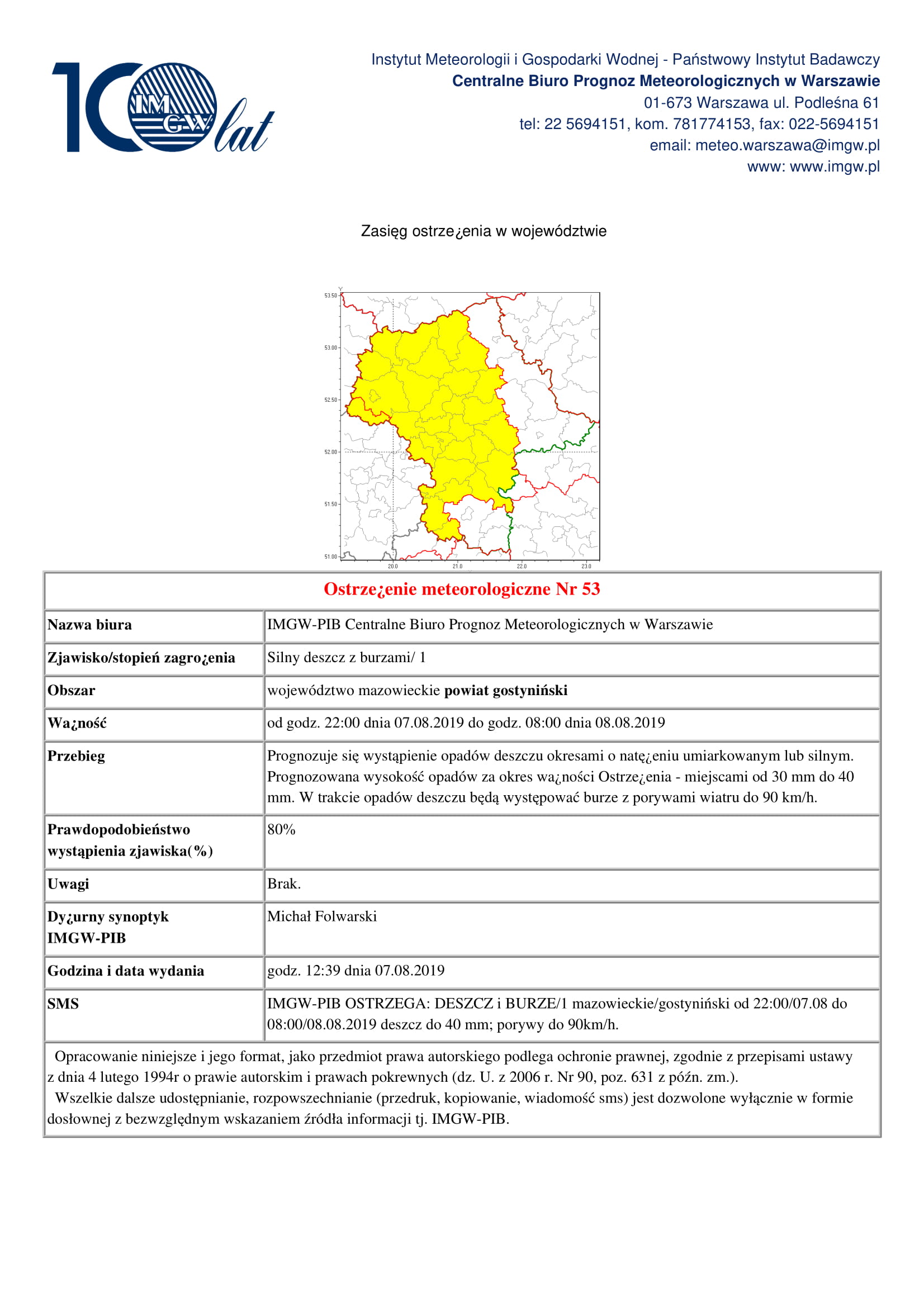 Uwaga - w nocy silny deszcz z burzami