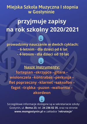 Plakat Miejskiej Szkoły Muzycznej dot. rekrutacji
