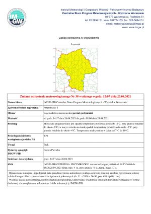 Zmiana ostrzeżenia meteorologicznego Nr 38 wydanego o godz. 12:07 dnia 23.04.2021