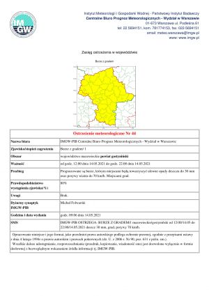 Ostrzeżenie meteorologiczne Nr 44