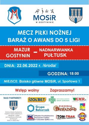 Plakat - zaproszenie na mecz Mazur Gostynin - Nadnarawianka Pułtusk