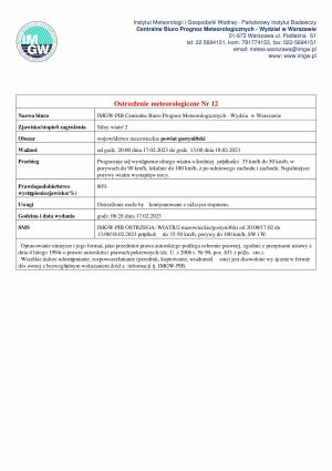 Treść ostrzeżenia meteorologicznego Nr 12 o silnym wietrze