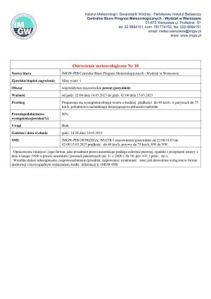 Treść ostrzeżenia meteorologicznego Nr 18 o silnym wietrze