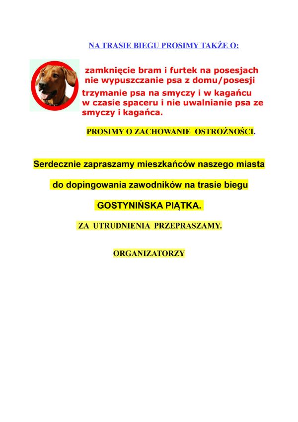 Informacja o utrudnieniach na drodze w najbliższą niedzielę w związku z biegiem GOSTYNIŃSKA PIĄTKA