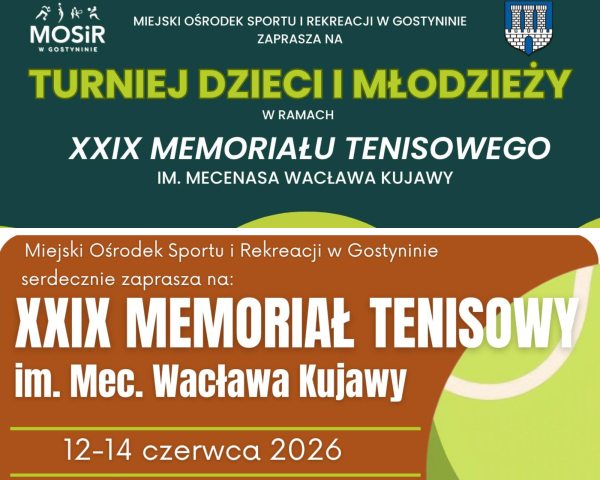 XXIX Memoriał Tenisowy im. Mec. Wacława Kujawy oraz Turniej Dzieci i Młodzieży już wkrótce na kortach MOSiR w Gostyninie