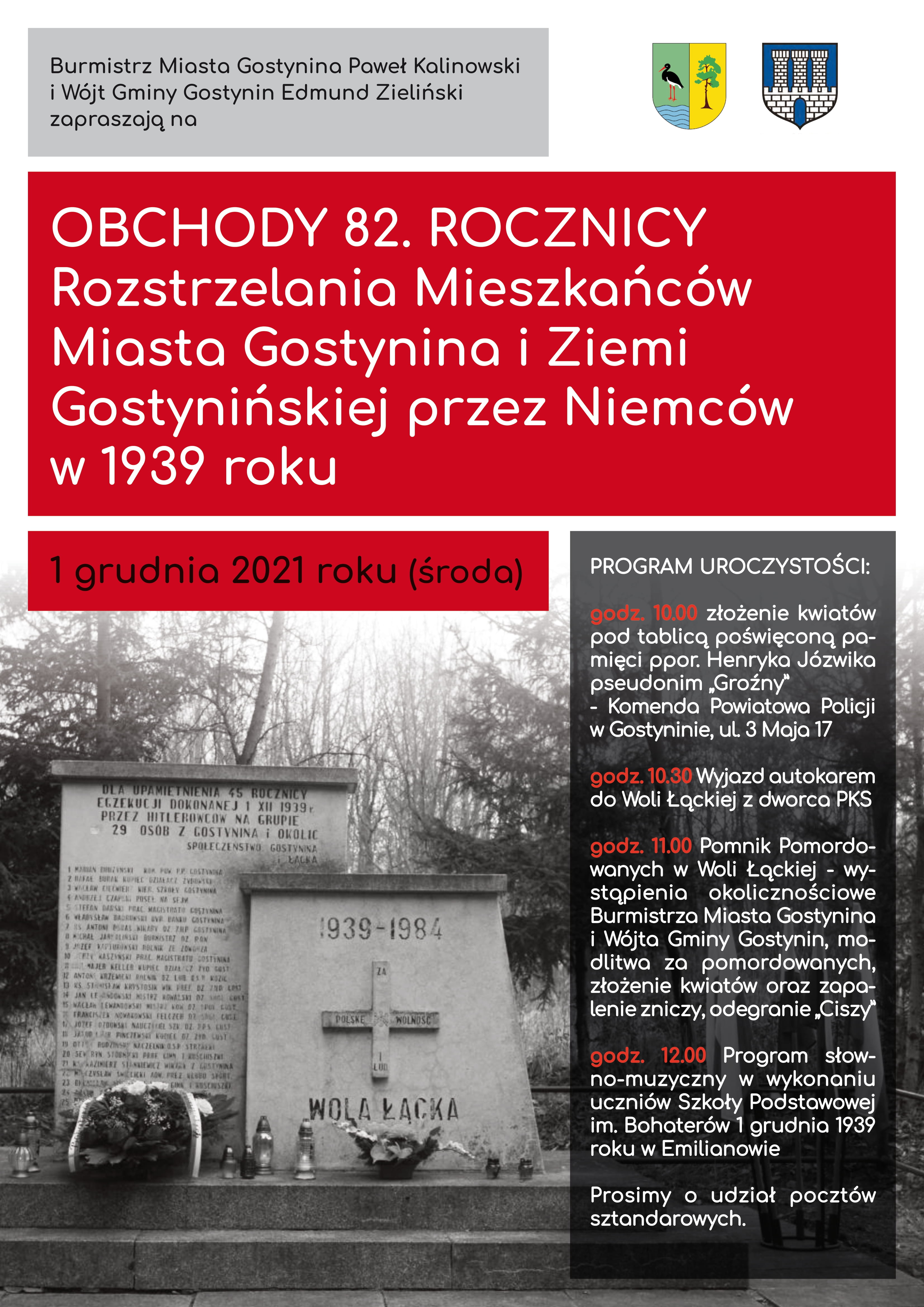Zaproszenie na obchody 82. Rocznicy Rozstrzelania Mieszkańców Miasta Gostynina i Ziemi Gostynińskiej przez Niemców w 1939 roku